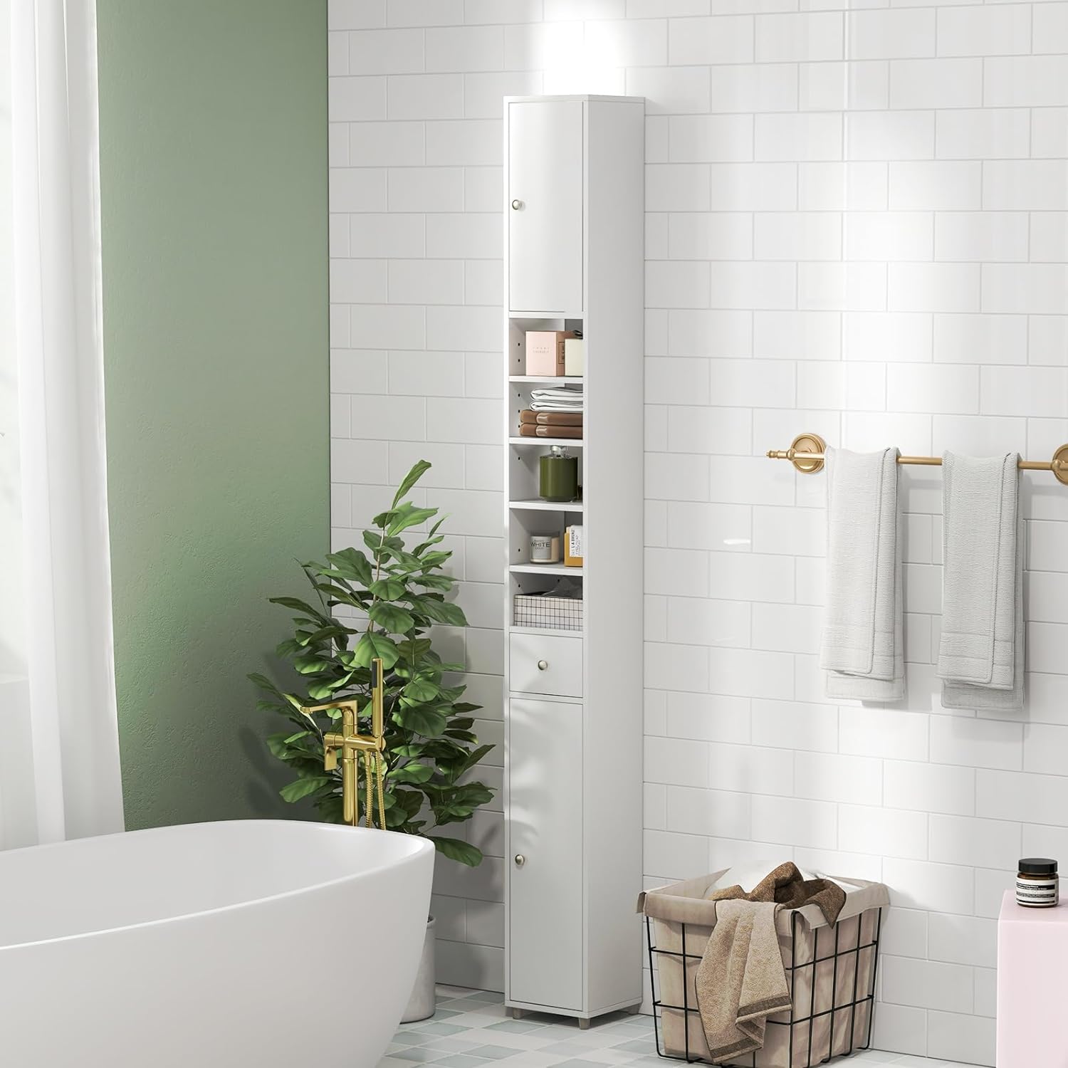 Armadio da Terra Alto, Mobile Colonna Bagno con 2 Ante 1 Cassetto e 5 Ripiani Regolabili, Mobile Bagno Salvaspazio per Soggiorno e Camera da L - 8
