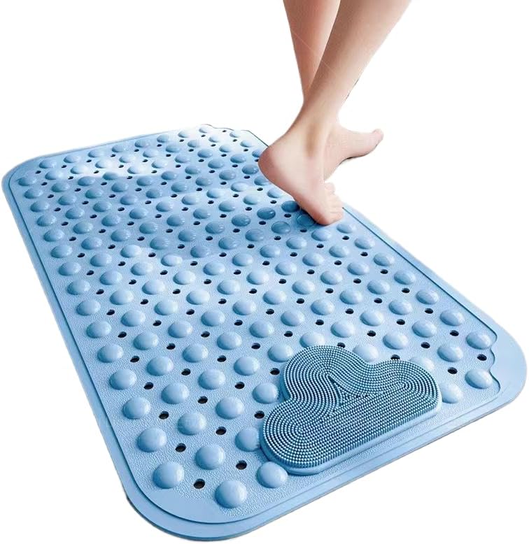 Mata prysznicowa antypoślizgowa 90 x 60 cm z przyssawkami, komfortowy masaż, nadaje się do prania w pralce – niebieska