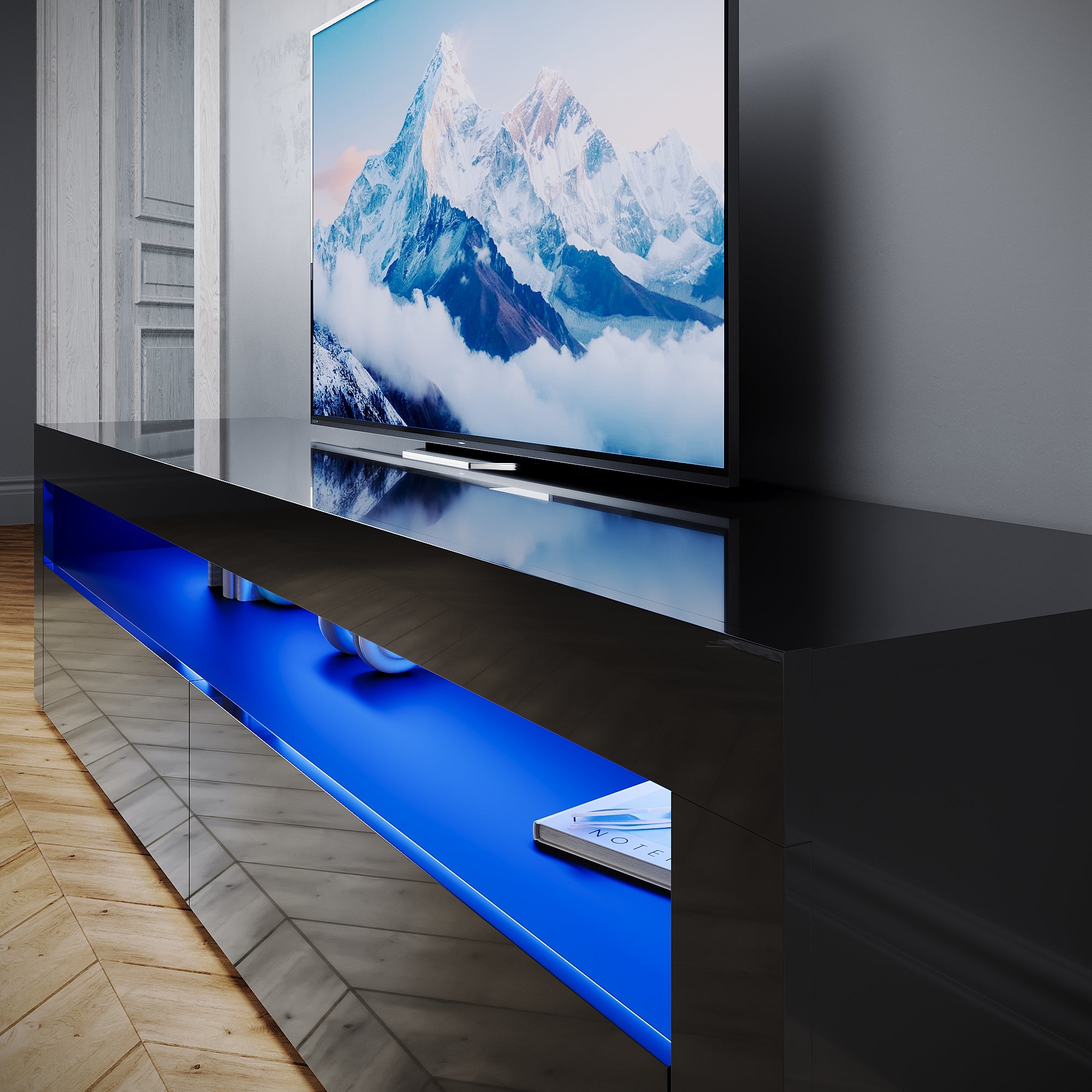 SIRHONA Meuble TV LED Moderne Sans Tirette + Double Porte + Noir + 180cm - 3