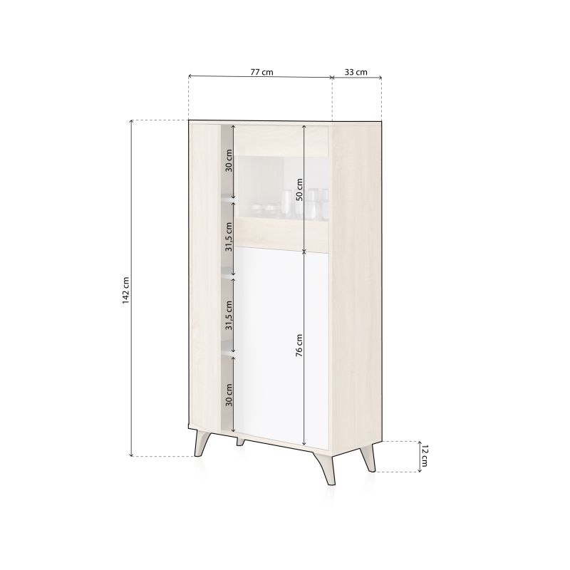 Vitrine LAURA 3 portes avec étagères L77 x H142cm - Blanc / Bois - 9