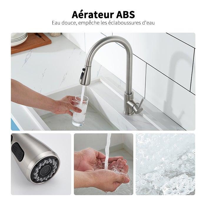 Robinet de Cuisine avec Douchette Extractible Mitigeur Cuisine Brossé en Acier Inox Robinet d'évier pour Cuisine Rotatif à 360° avec 3 Modes - 6