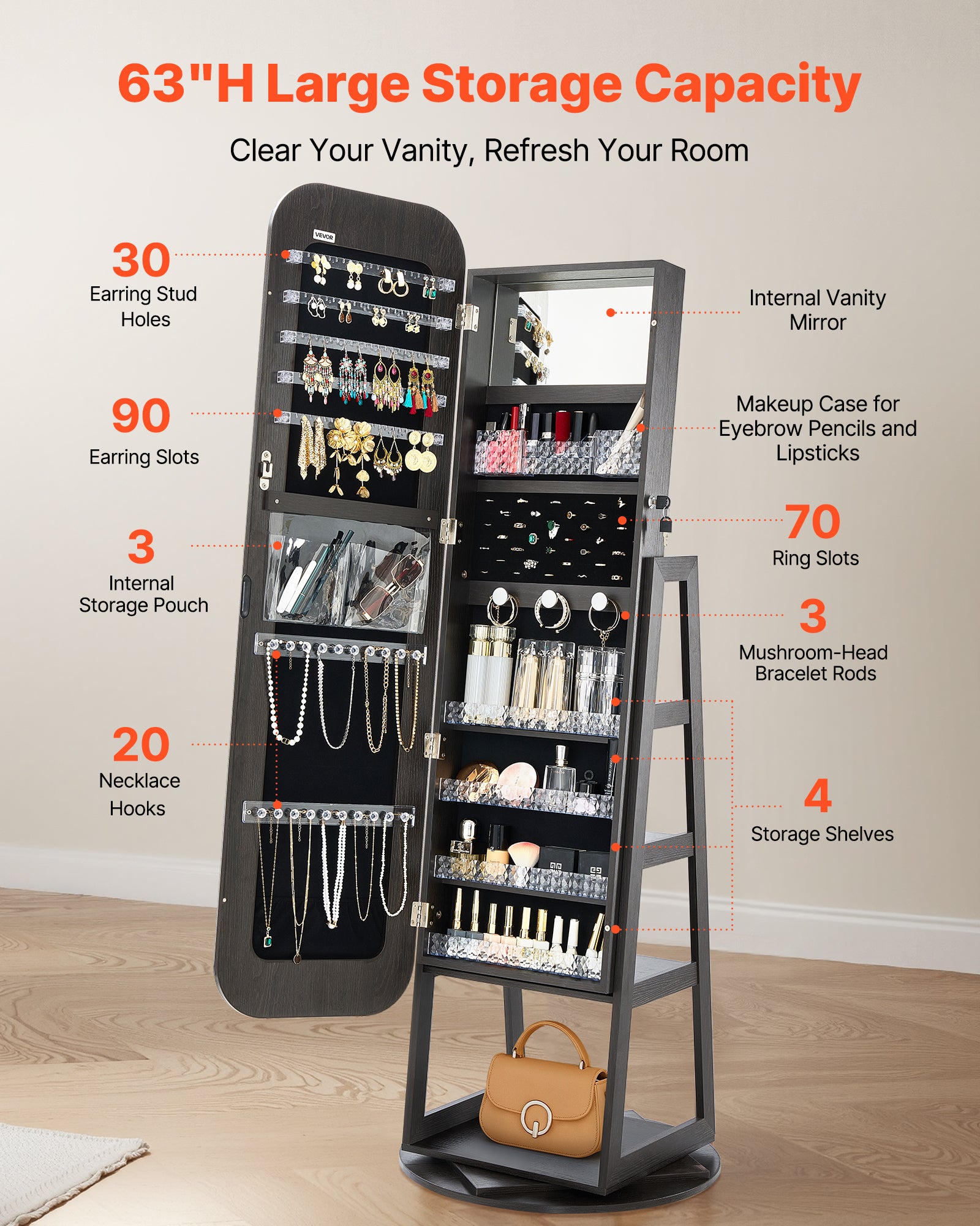 Armoire à Bijoux Pivotante VEVOR 360°, sur Pied 1600 mm avec Miroir Pleine Longueur, Rangement & Porte Verrouillable à 2 Clés, Pochettes Accessoires - 3