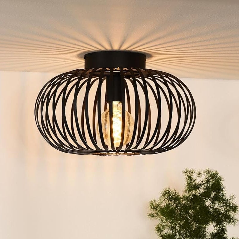Przemysłowa Lampa Sufitowa Pół-Wpuszczana, Lampa Sufitowa z kutego żelaza - Metalowa Klatka, Ciepłe Światło - Do Wnętrz Domowych