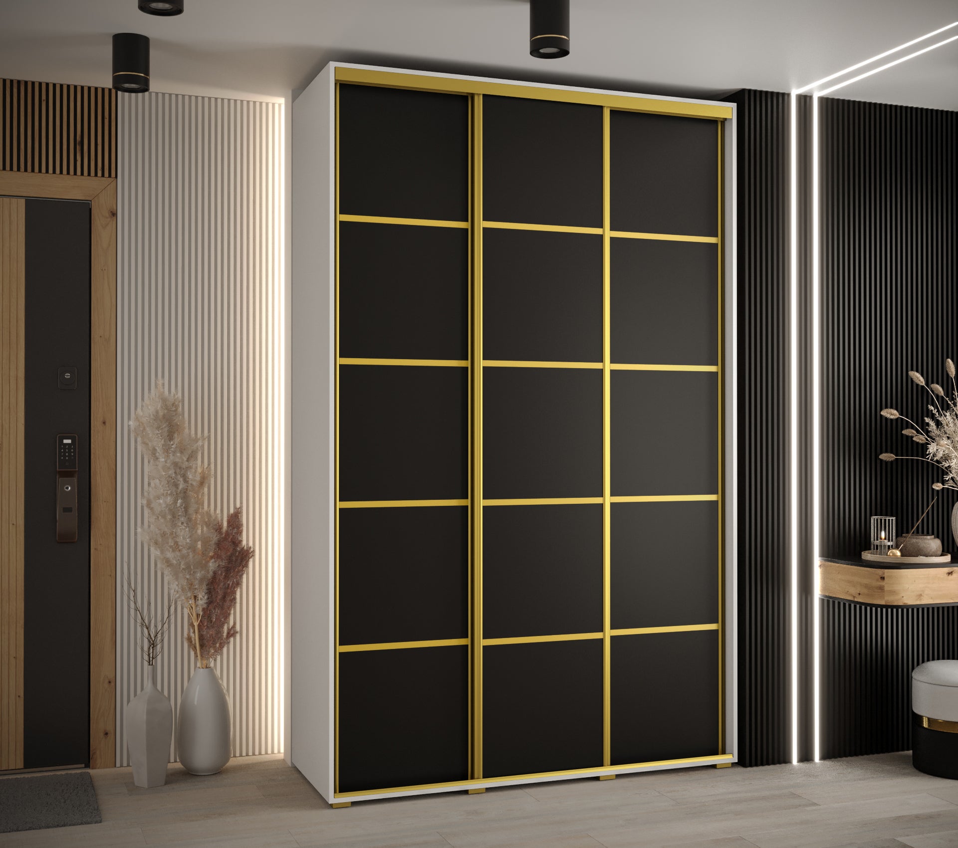 Szafa przesuwna wysoka Davos 4 160 x 60 x 235,2 cm biały + czarny + u. złoty - Abiks Meble - 2