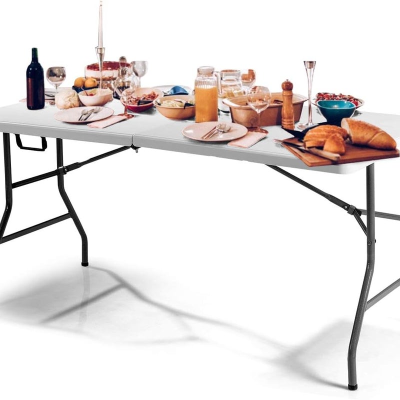 Składany Stół z Tworzywa Sztucznego HDPE i Wytrzymałej Stali z Wzmocnionymi Zamkami i Antypoślizgowymi Nóżkami 153 x 74 x 74 cm, Beżowy