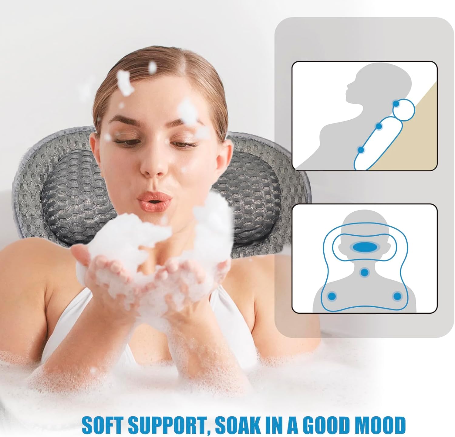 Cuscino Per Vasca Da Bagno Con Ventose - Poggiatesta Cervicale - Tecnologia 4D Air Mesh Grigio - Foto 9