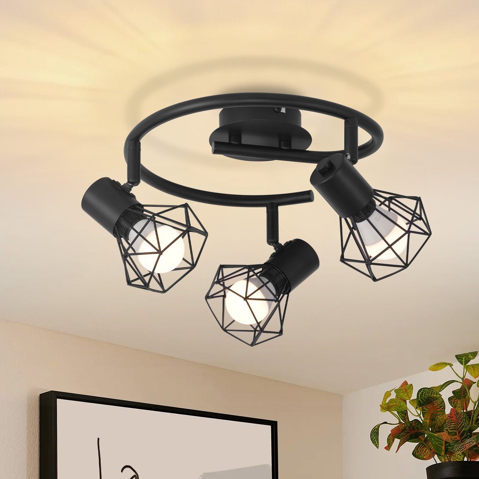 ZMH Okrągła, obrotowa lampa sufitowa E14 w stylu retro industrialnym do sypialni