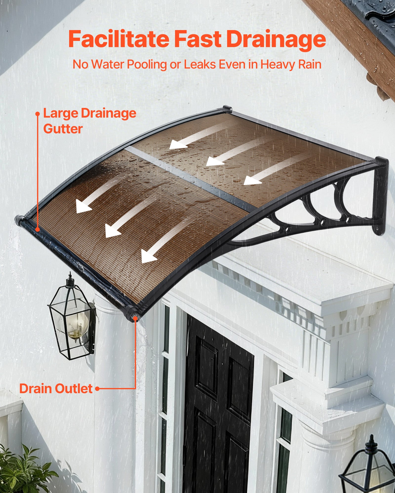 Cobertura para porta de entrada VEVOR 96,5 x 101,7 cm Marquise para porta exterior em policarbonato, proteção contra chuva, neve, sol, castanho - 2