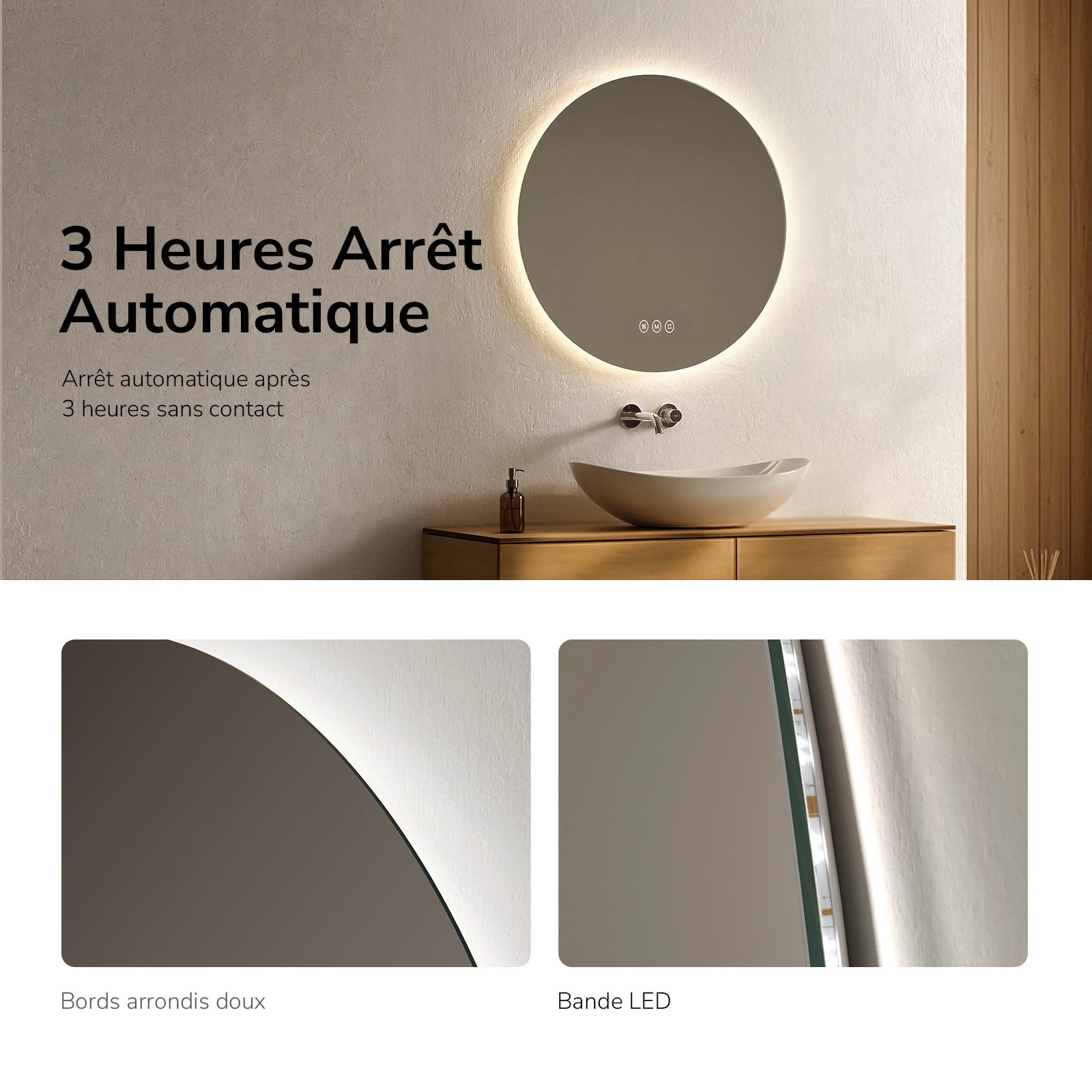 EMKE Miroir lumineux salle de bain rond diamètre 60cm, Miroir LED rétro-éclairage avec Interrupteur Tactile, Anti-buée, Blanche Froide/Neutre/Chaude - 6