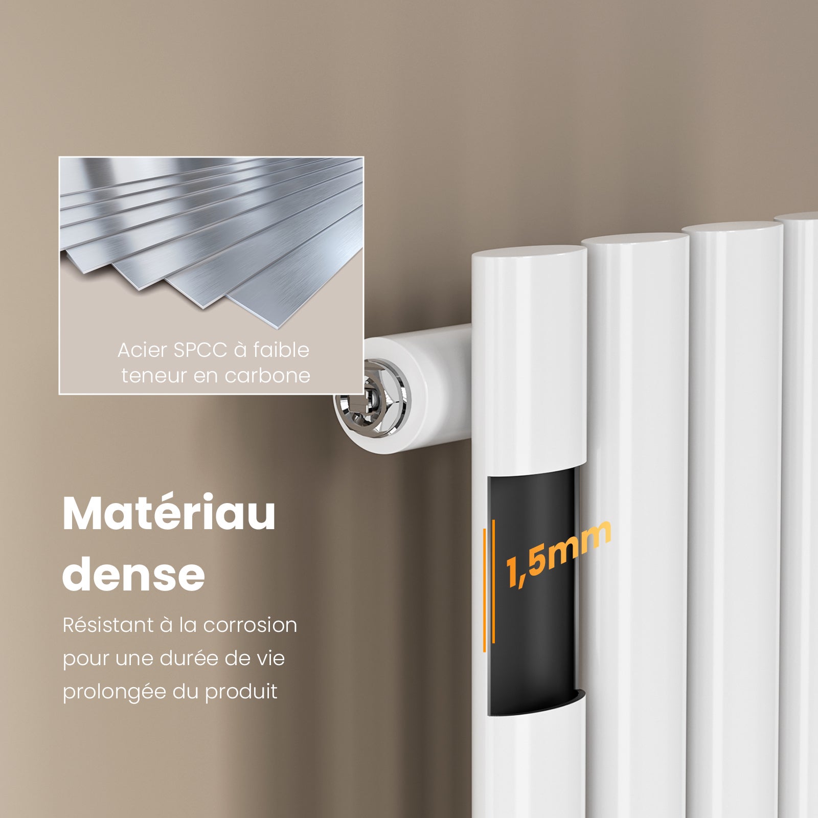 EMKE Radiateur eau chaude en acier Tube Rond Radiateur Mural Blanc 60x24cm 177W Seule Couche - 4