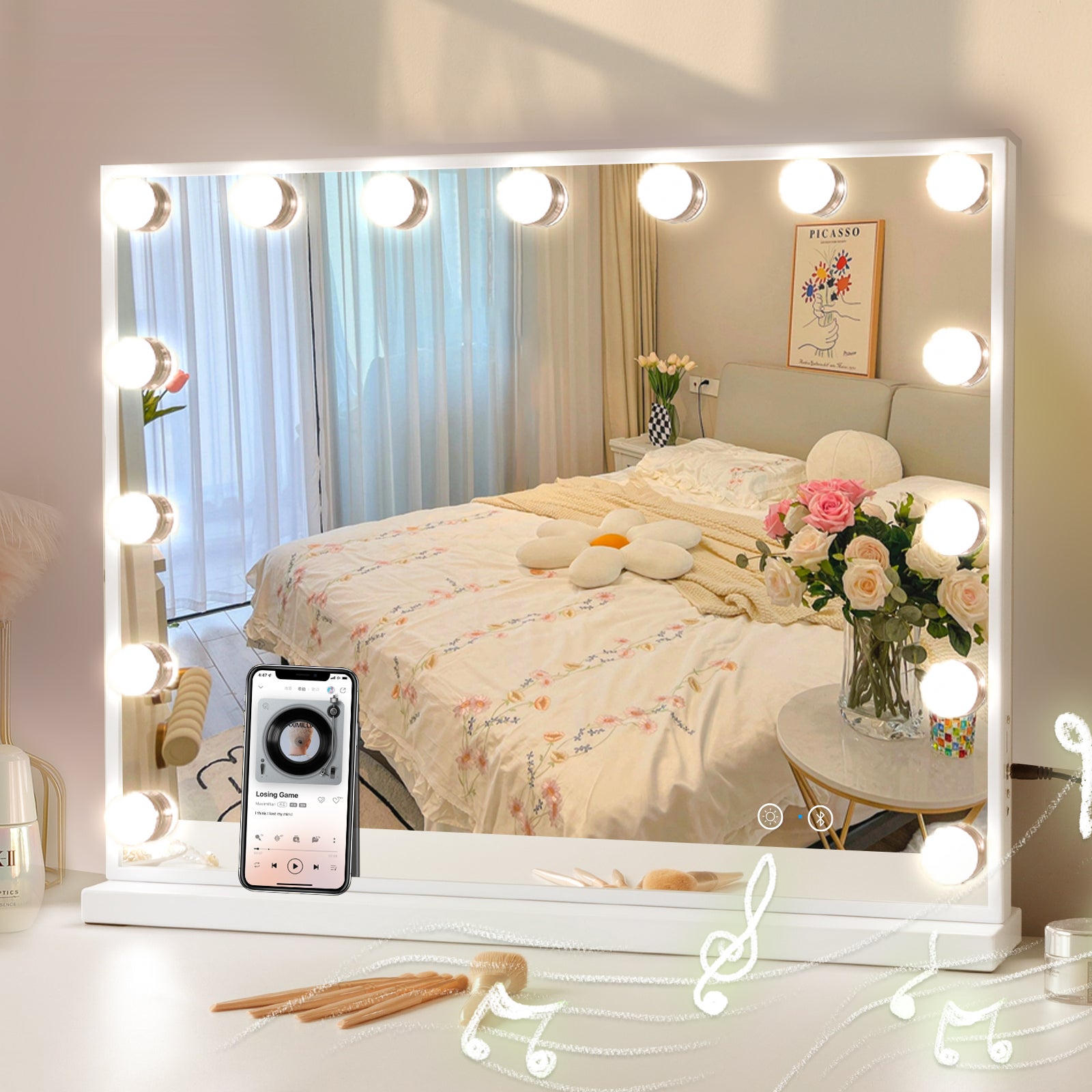 Specchio da trucco Hollywood illuminazione LED da parete - 58 x 46 cm - Altoparlante Bluetooth - 2