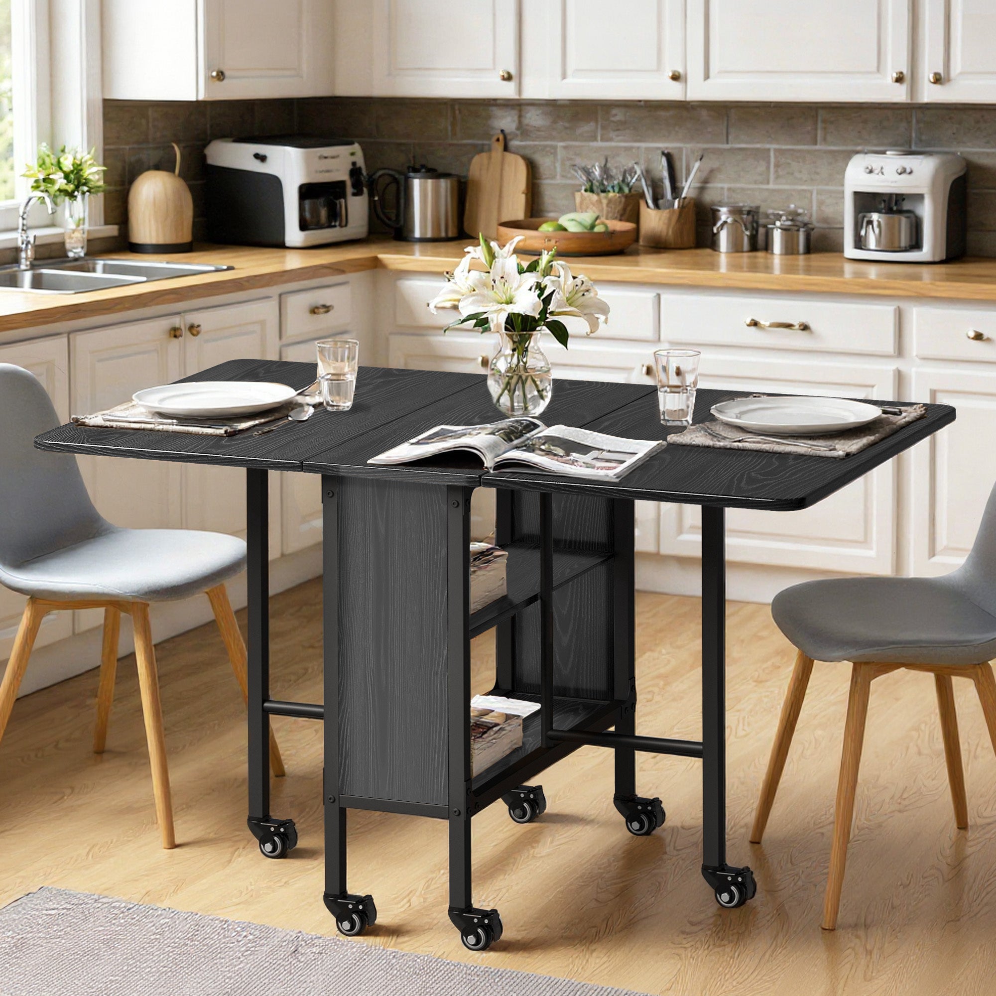Mesa plegable abatible para 6 personas, estructura de metal negro y tablero de madera negro, 130 x 80 x 74 cm - 8