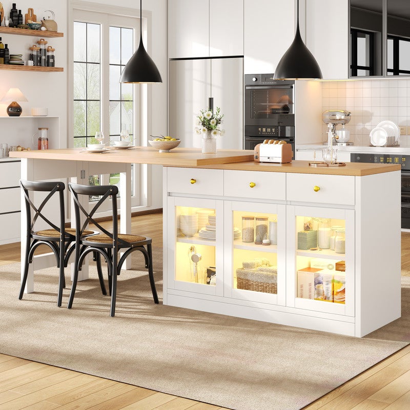 Îlot de cuisine moderne avec éclairage LED,Îlot de bar rétractable avec 3 tiroirs et portes vitrées,Chariot de cuisine multifonctionnel, Blanc - 3