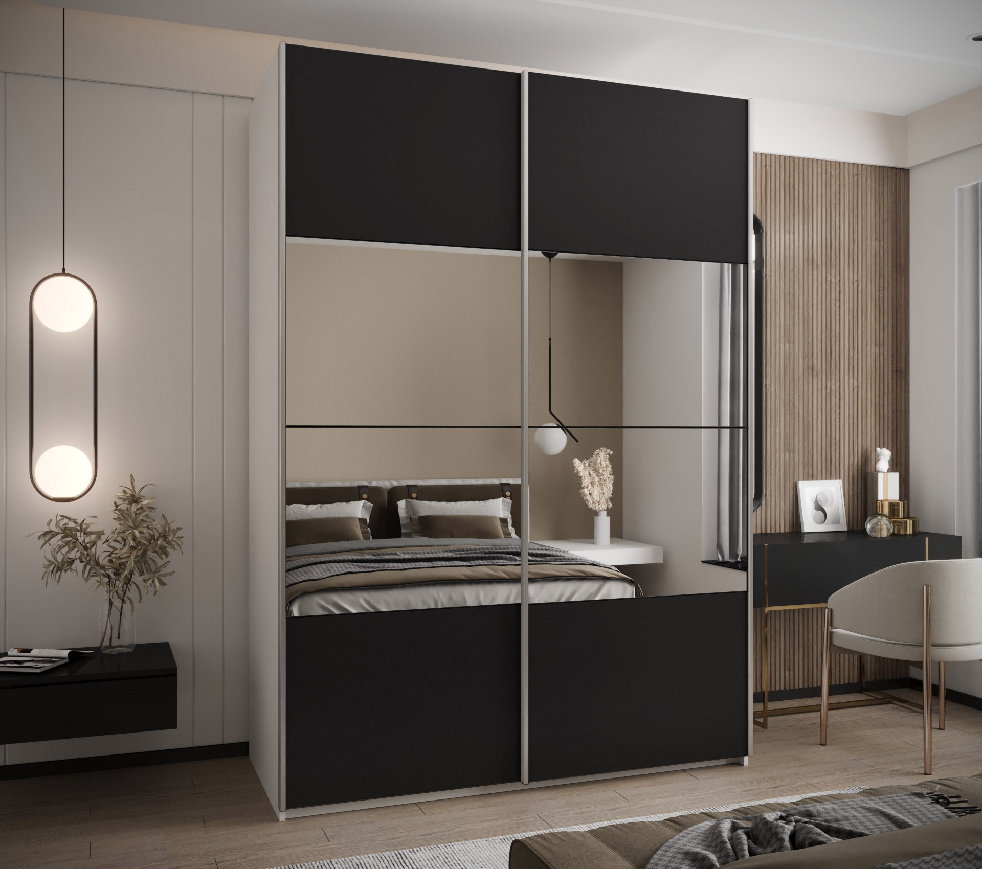 Szafa przesuwna wysoka Lux 4 180 x 64 x 245,5 cm biały + czarny + u. srebrny - Abiks Meble - 2
