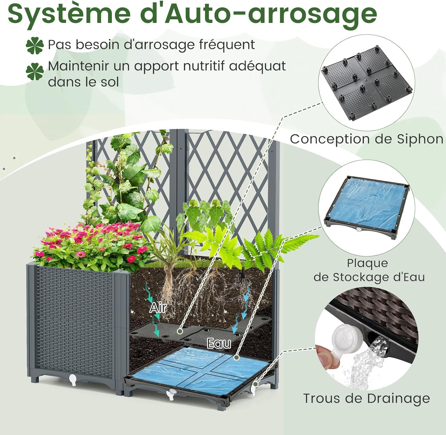 Jardinière avec Treillis sur Pied, Double Bac de Plantation Auto-arrosage en Rotin PP avec Trou de Drainage, Fleurs, Gris, 80 x 40 x 140 cm - 6