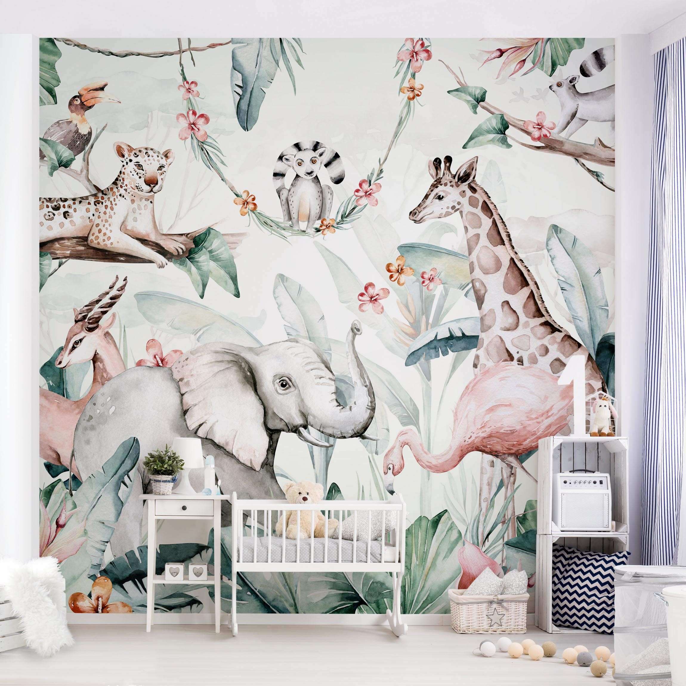 Papel pintado fotomural acuarela bosque áfrica arte naturaleza 352 - habitación infantil niño habitación niña - tnt 192 x 192 cm adhesivo