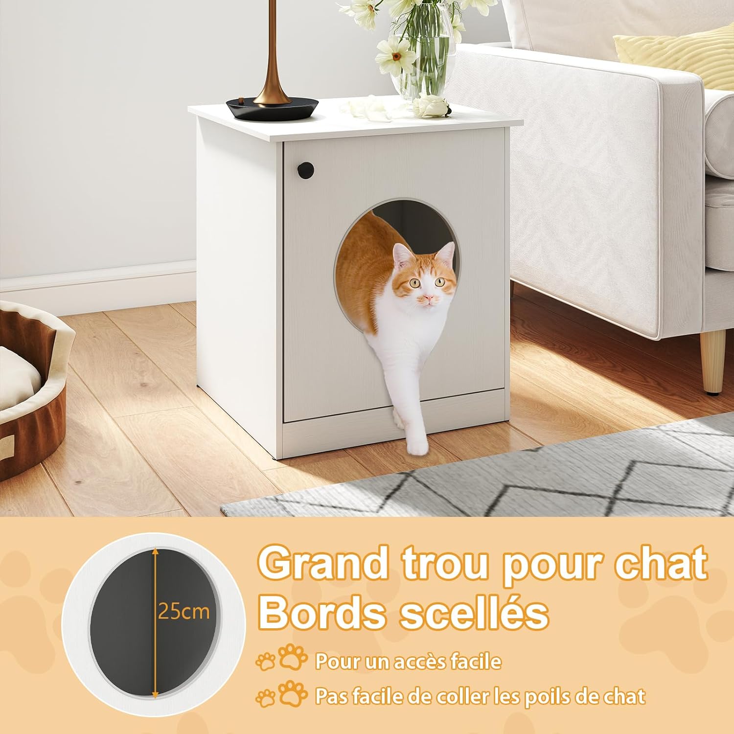 Meuble Litiere Chat en Bois, Grand Trou Ø 25 cm pour Accès, Maison pour Chat, Coussinets Antidérapants, Table d'Appoint, 51x47x57 cm, Blanc - 8