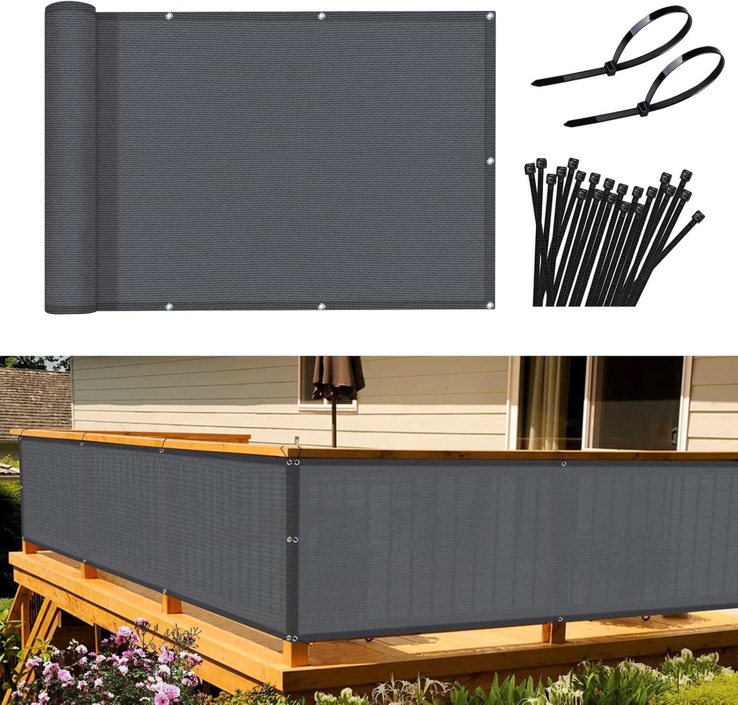 Parawan balkonowy, parawan ogrodowy, 90x400 cm, 185 g/m², odporny na wiatr i promieniowanie UV, z otworami i opaskami kablowymi, antracytowy