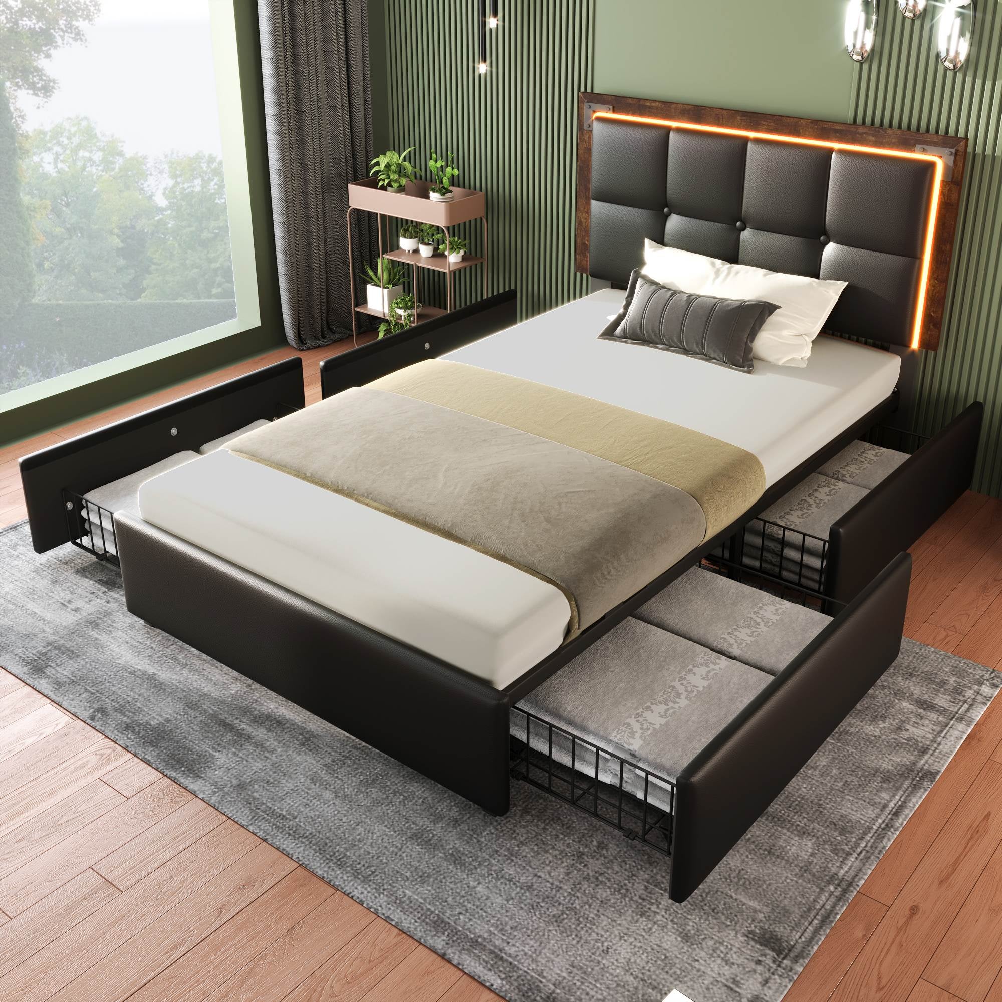 Struttura Letto Matrimoniale Queen Imbottita Con 4 Cassetti Contenitori, Testiera Trapuntata, Bianco