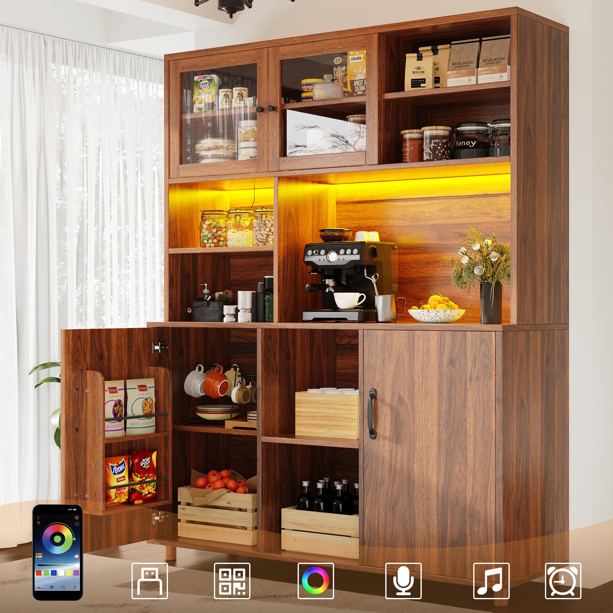 Szafka kuchenna z 2 drzwiami drewnianymi, 2 drzwiami przesuwnymi ze szkła - 140 x 40 x 185 cm - diody LED - płyta MDF - orzech
