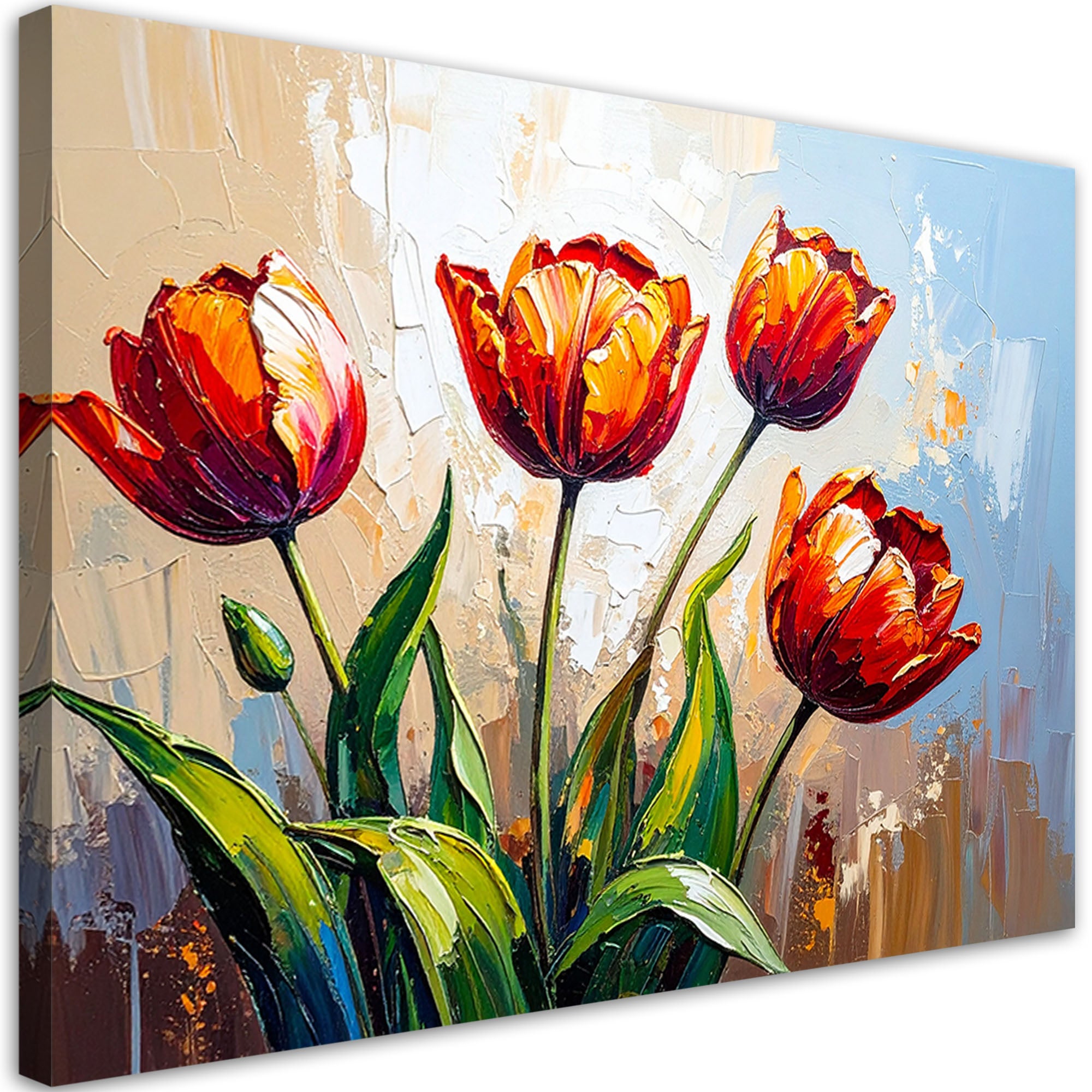 Obraz dekoracja, Czerwone Kwiaty Tulipany na beżowym tle imitacja farby 120x80