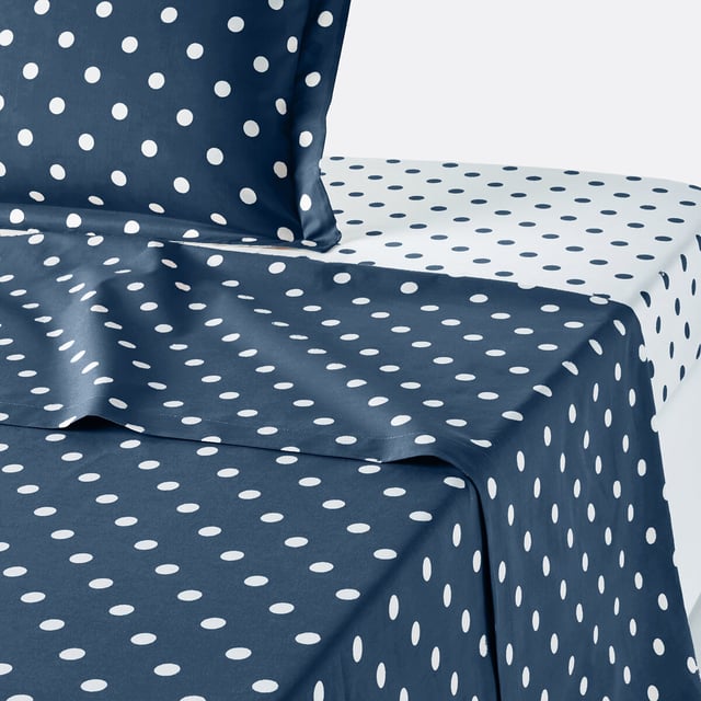 Drap pur coton imprimé pois, Clarisse - Blanc/bleu pétrole - 150 x 250 cm
