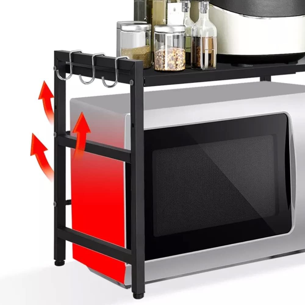 Meuble Rangement de Cuisine Support Four Micro-Ondes Extensible en Hauteur & Largeur - Noir, Acier au Carbone, 2 Niveaux d'étagère, 6 Crochets - 4