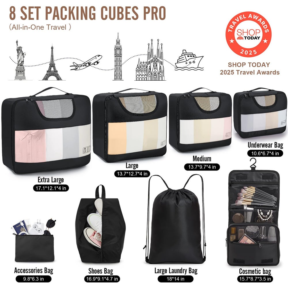 Bag-all Cubi Da Viaggio 8 Pezzi: Set Organizer Per Valigia In Cotone Naturale, Tech Pouch, Borse Scarpe E Biancheria - 3