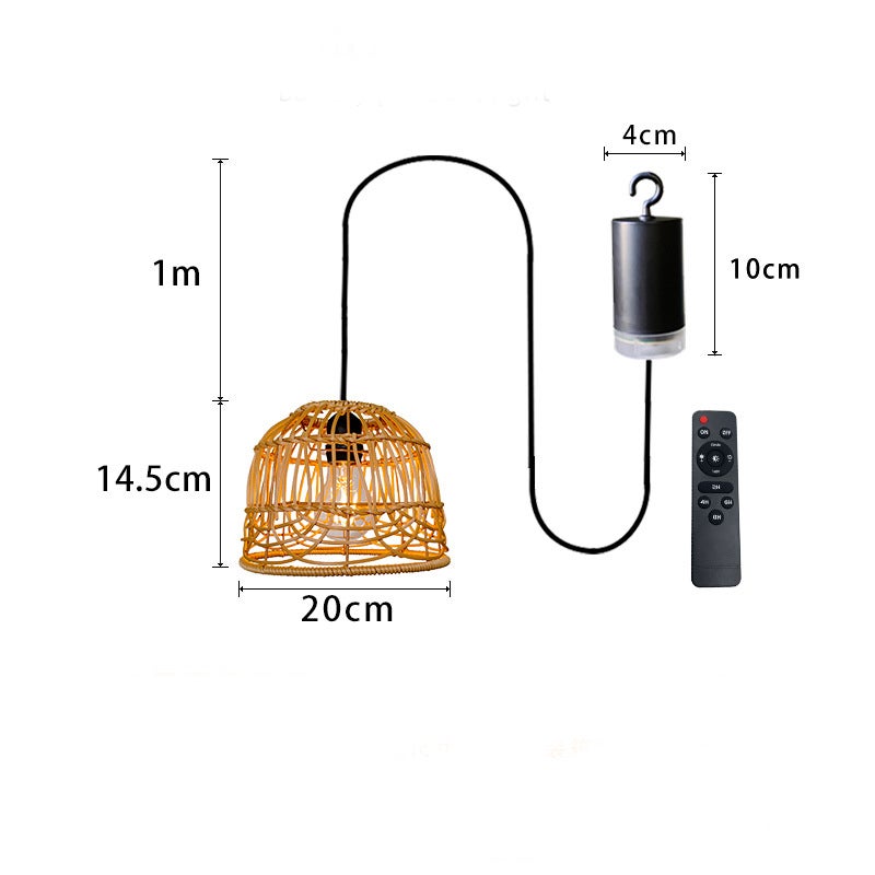 Lampadario in rattan - lampadario da esterno bohémien portatile, attacco E27, lampadario in rattan intrecciato artigianale, con telecomando - 2