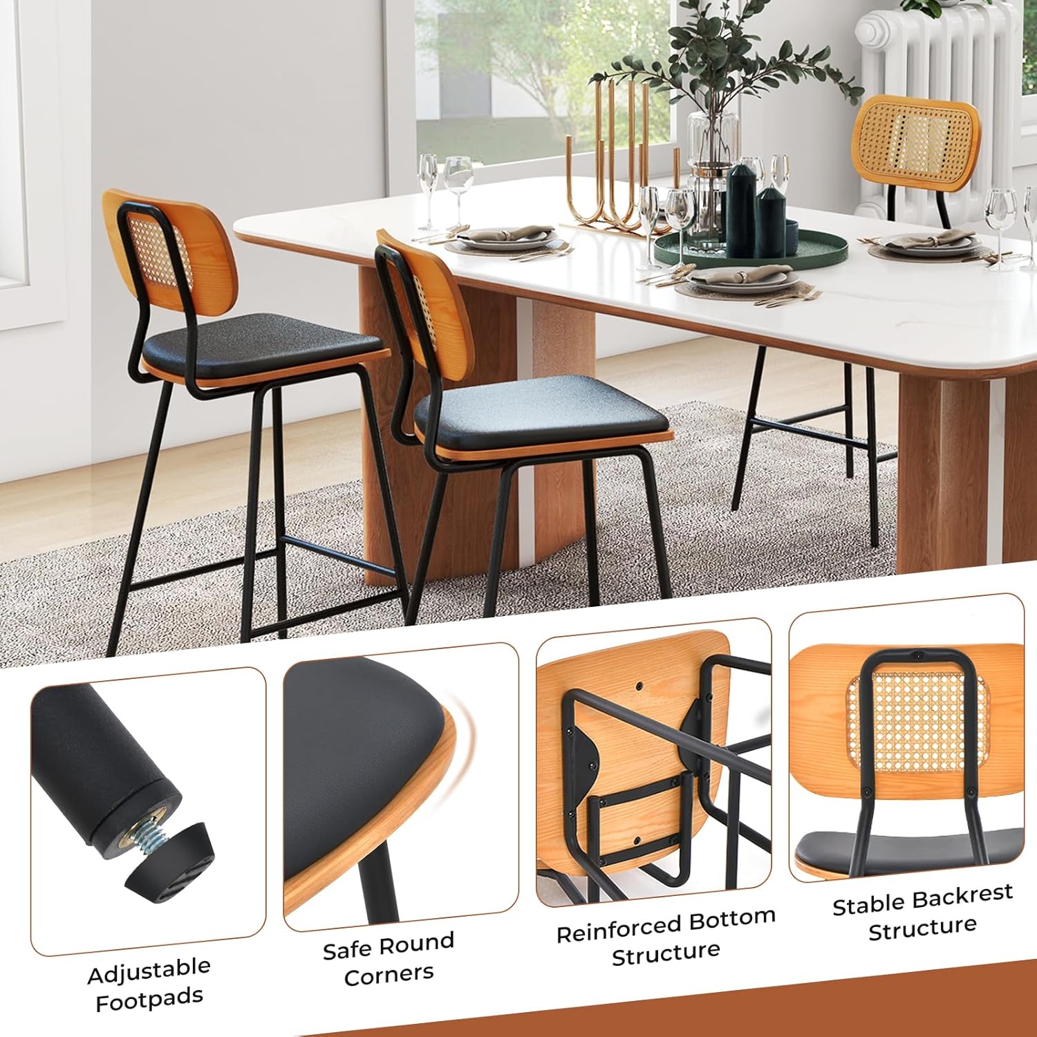 Zestaw 2 Stołków Barowych z Oparciem z Rattanu, Metalowymi Nogami, Krzesłami do Jadalni z Wygiętym Siedziskiem z Tapicerką i 3-Stronnym Podnóżkiem - 4