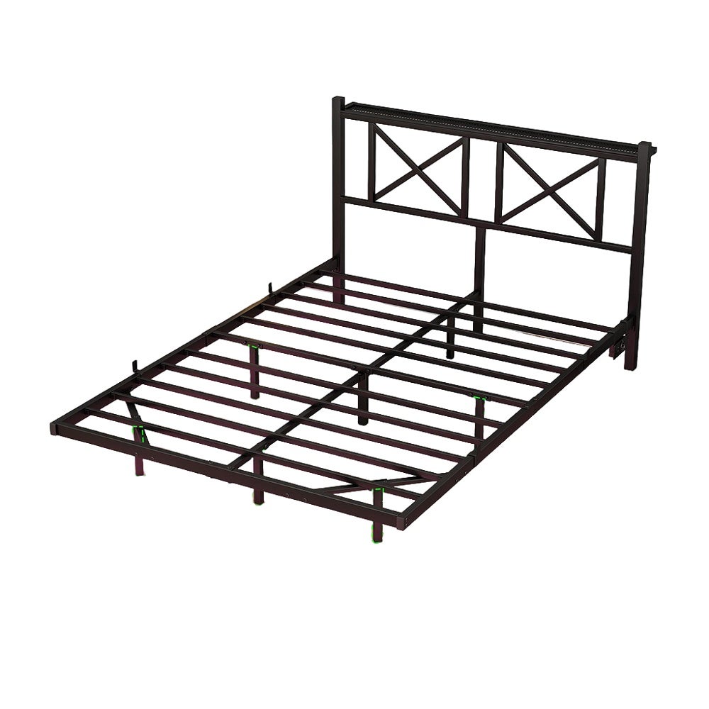 Rama łóżka podwójnego z oświetleniem LED i stacją ładującą z zagłówkiem, zawieszona rama łóżka, metal - 120 x 200 cm - 6