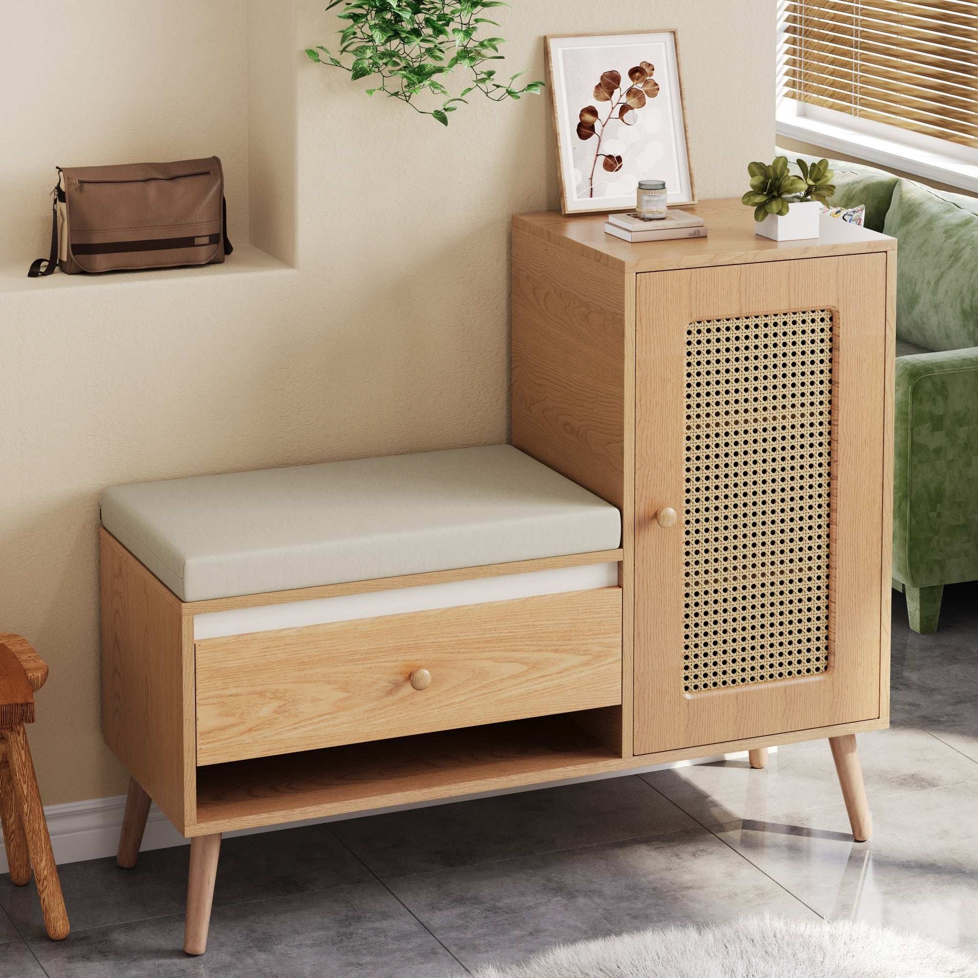 Banc d'entrée en rotin avec coussin, étagère à chaussures, tiroirs, compartiments ouverts et porte. Multifonctionnel pour l'entrée. - 6