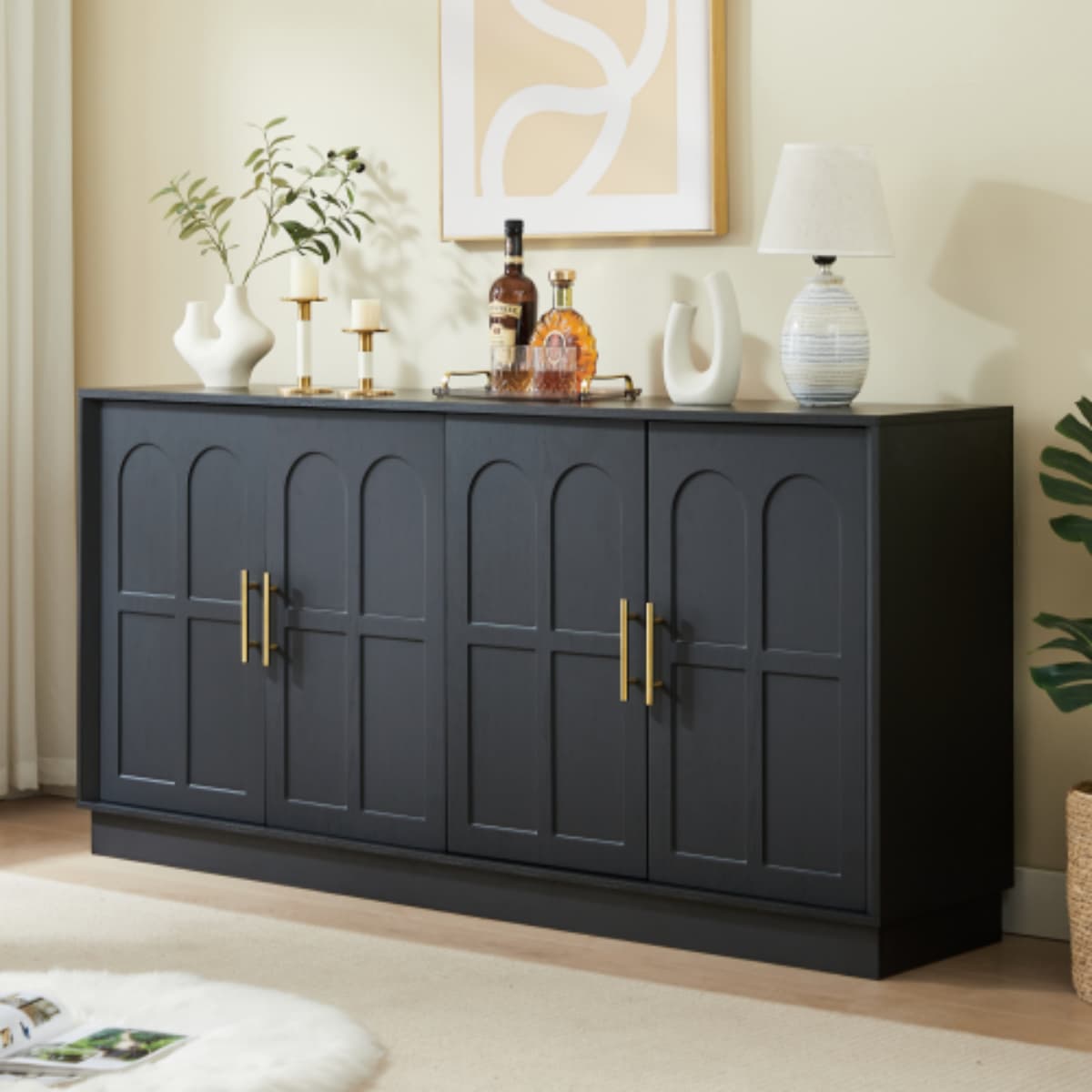 Aparador negro extragrande 169×40×80 cm, vitrina con frontal curvado, mueble para tv, apto para salón, cocina, comedor y pasillo.