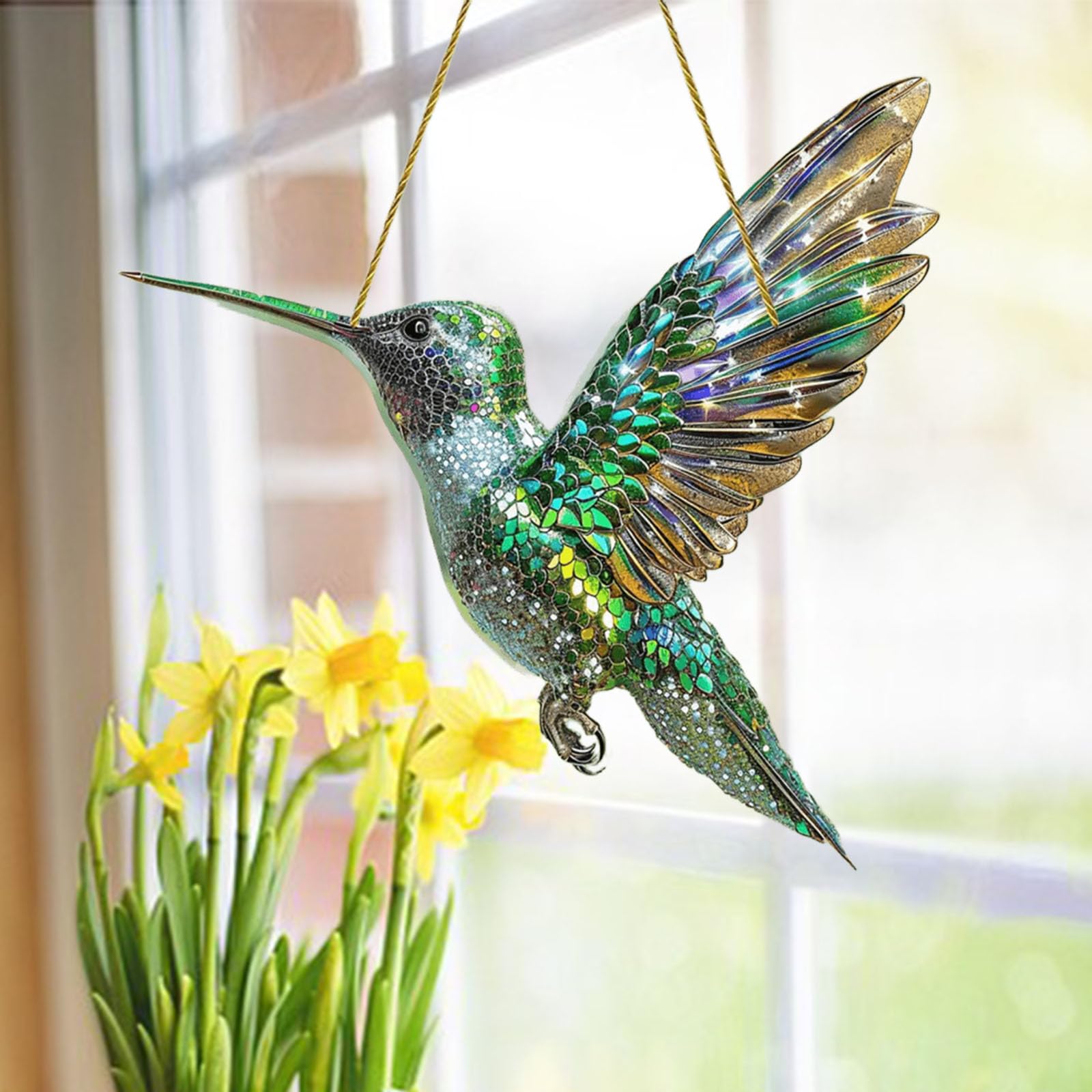 Lot de 2 décorations en forme de colibri, décorations à suspendre en vitrail en forme de colibri – Décoration de fenêtre en acrylique pour jardin - 6
