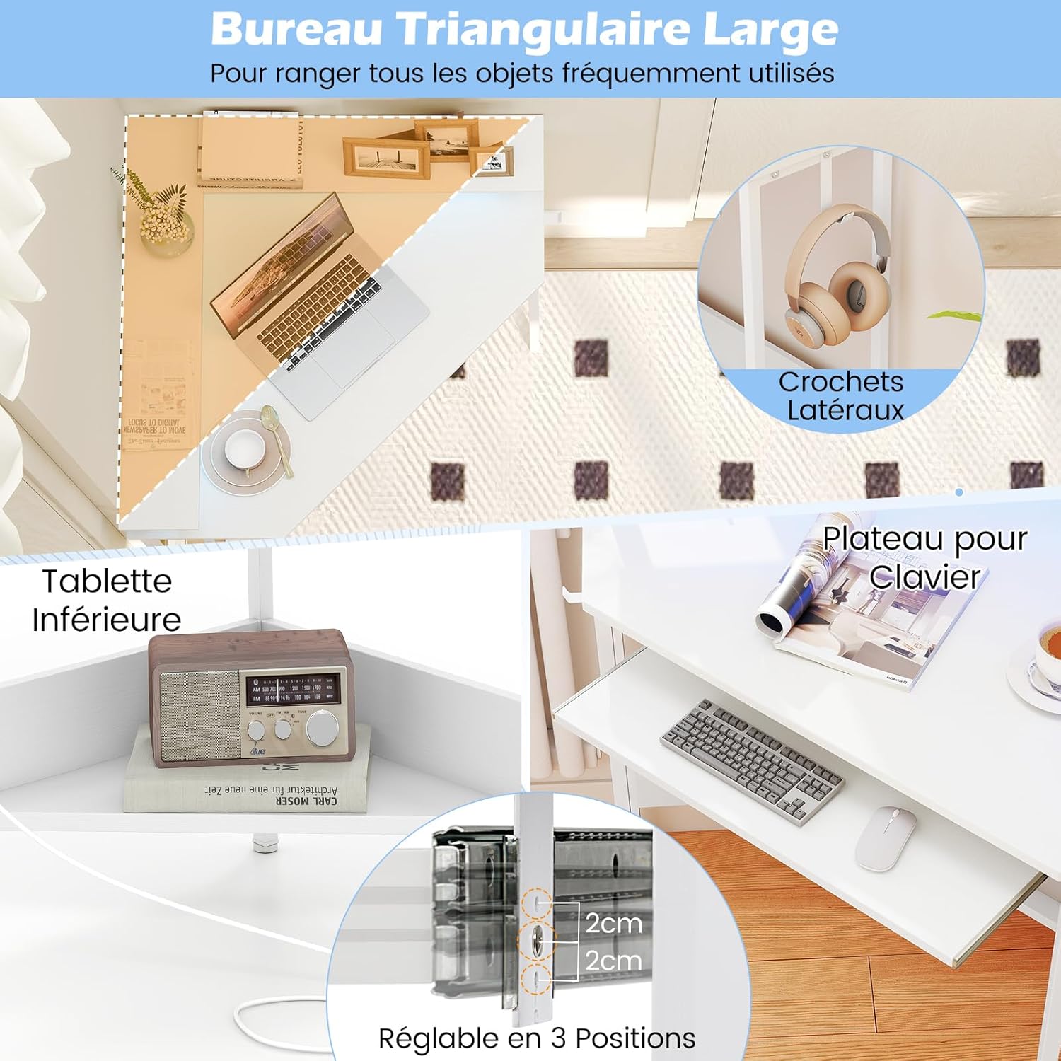 Bureau d'angle avec Station de Charge, Bureau Gaming avec LED, Plateau pour Clavier et Support pour Écran, pour Petits Espaces, Blanc - 7