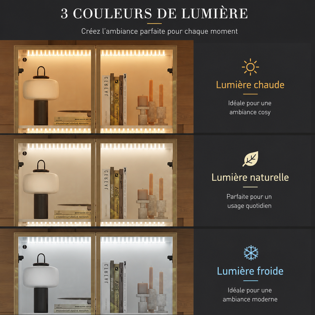Vitrine à Lumières LED 3 couleurs, Armoire de Collection avec 2 Portes en Verre et 2 Tiroirs, Bureau et Salon, 80x36x200, Blanc - 3