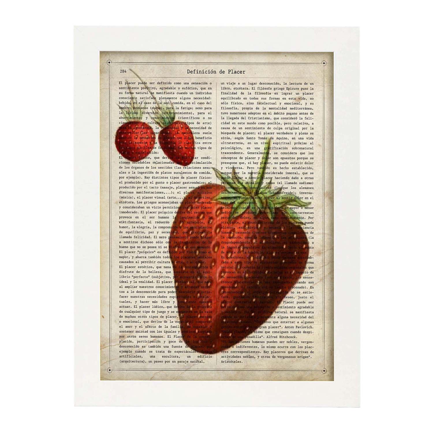 Poster de fresas. láminas de frutas y verduras con definiciones. ilustraciones de alimentacion vegetariana. marco negro - a3