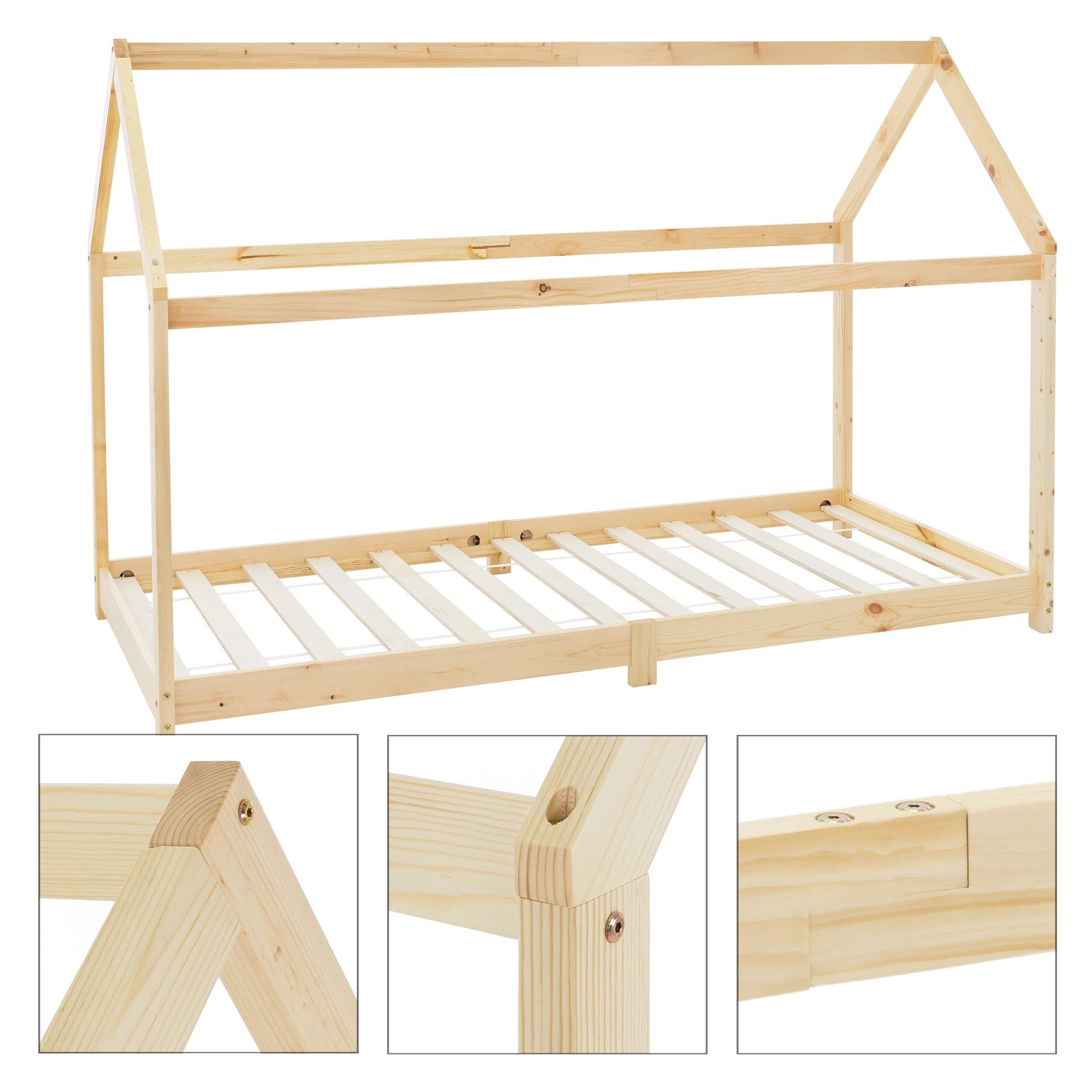 Lit cabane enfant 90x200 cm naturel bois de pin massif avec matelas H16cm, toit et sommier à lattes, couchage au sol maisonnette - 6