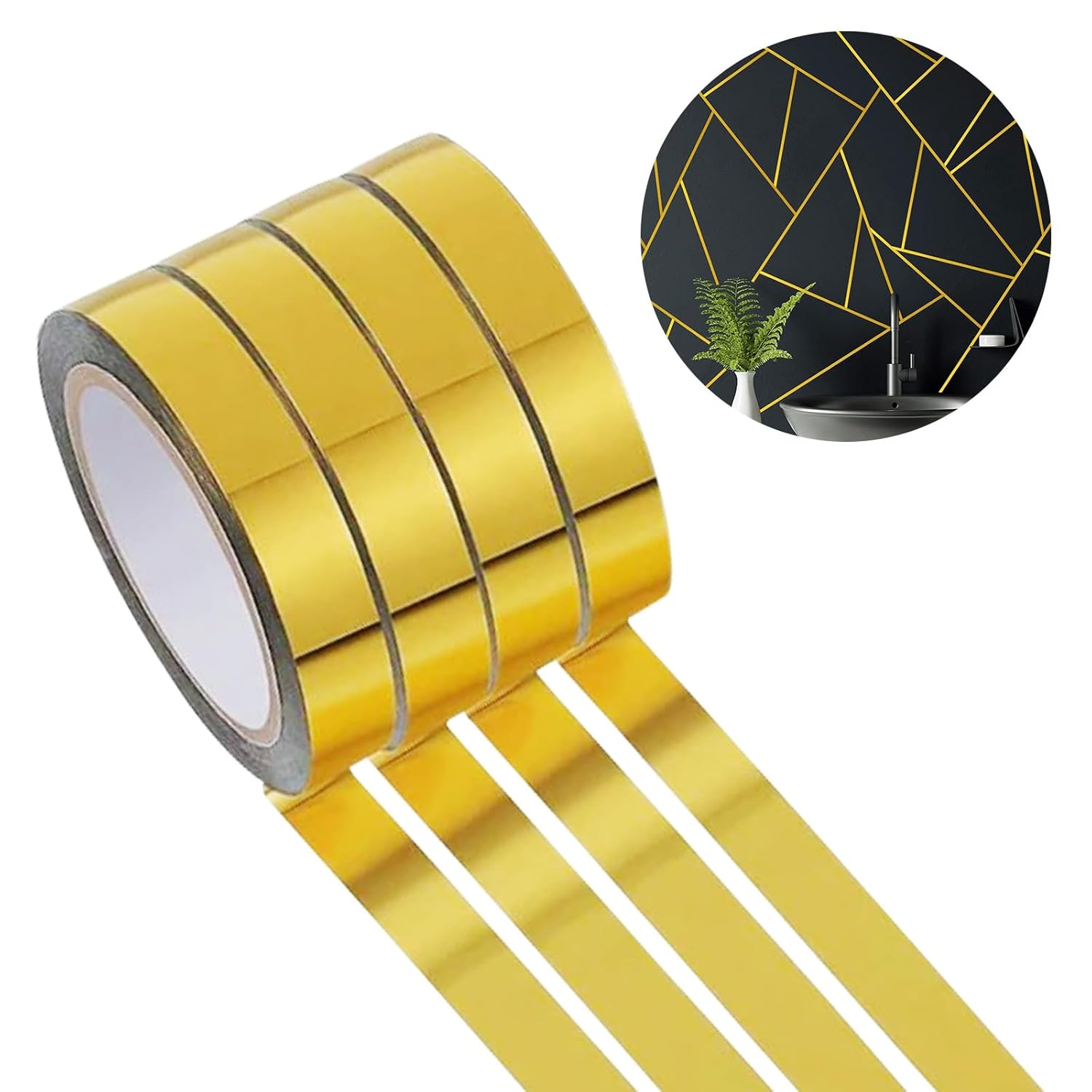 4 rolki złotej taśmy dekoracyjnej do płytek, samoprzylepna taśma do łączenia płytek (10 mm x 50 m) Złota taśma klejąca do podłóg, ścian, sufitów, drzw
