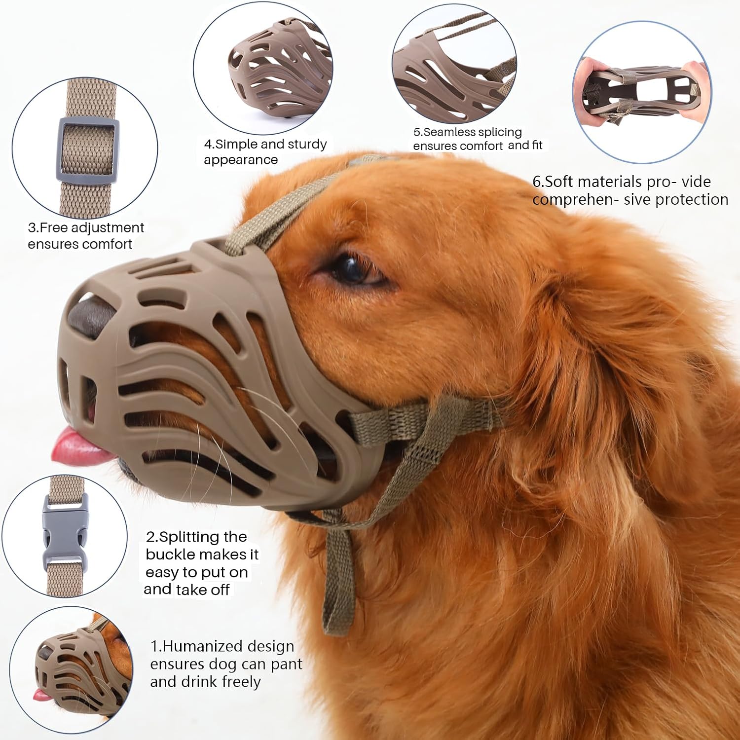 (Marrom, G) Focinheira para cães, focinheira de silicone macio contra mordidas, latidos e mastigação, design respirável, adequada - 3