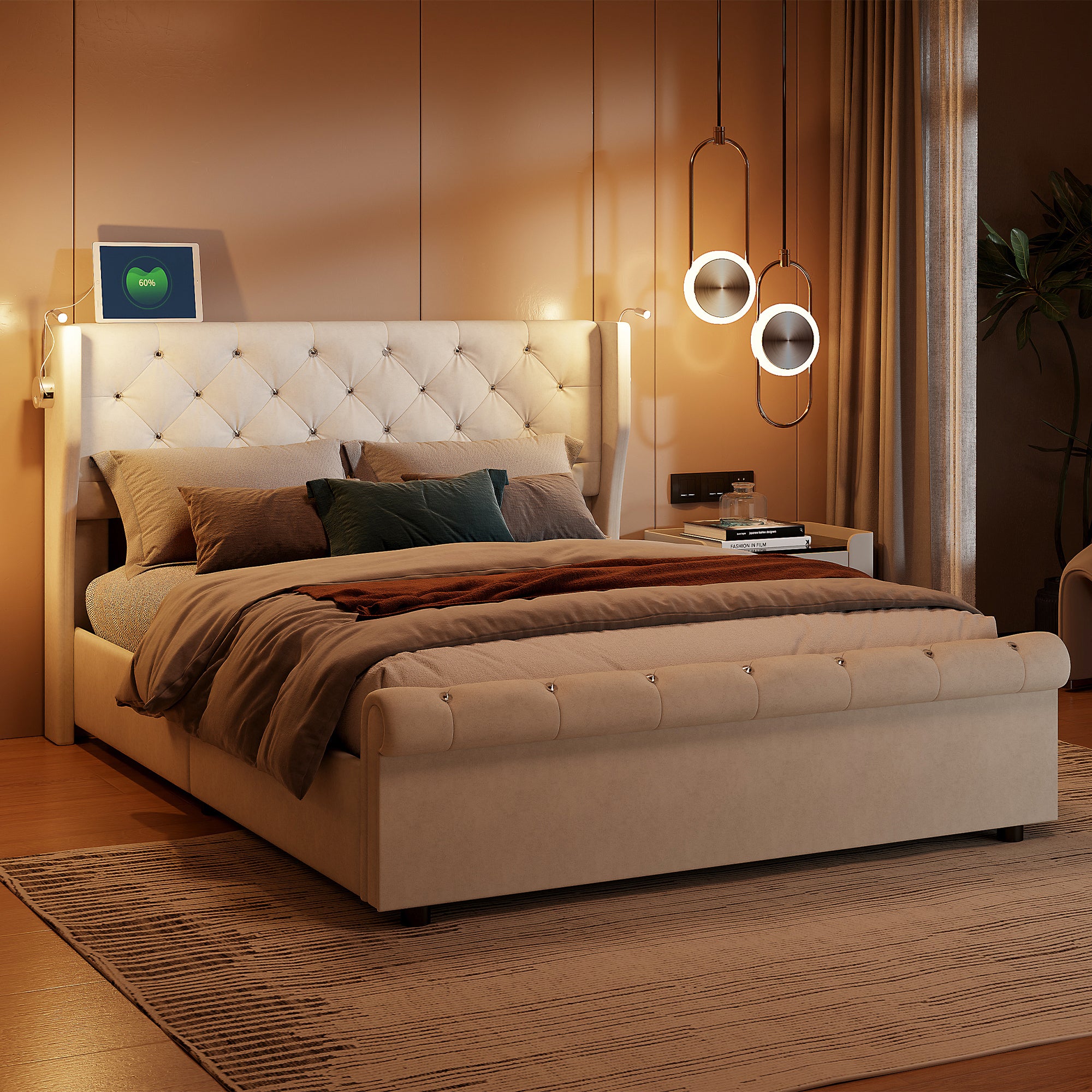Lit coffre 140x190 velours beige, tête de lit avec LED et port USB, sommier à lattes inclus, rangement hydraulique à vérins, chambre adulte - 4
