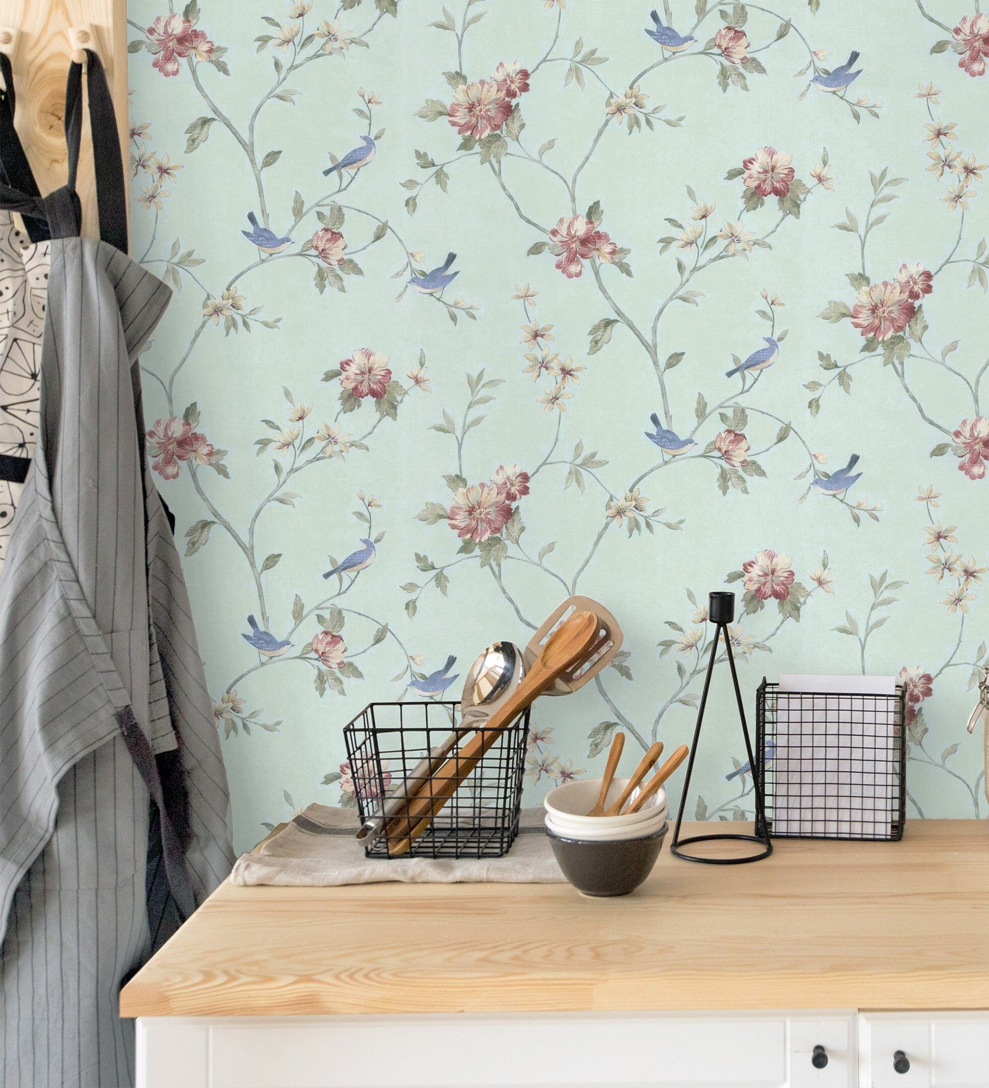 Papier peint vinyle lavable oiseaux et fleurs style romantique - Villa ...