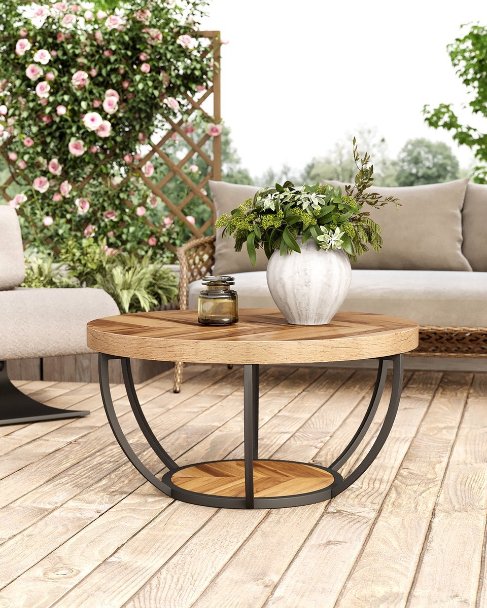 Tribesigns Industrial 2-Tier round Coffee Table , 80*80*45CM, with Storage Shelves for Living Room, Wooden Grain - 5