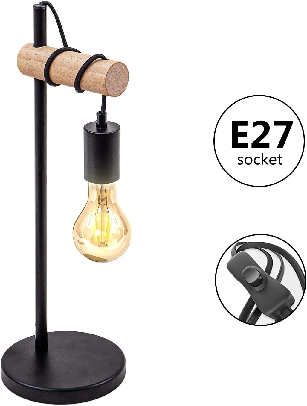 GLAMARIS Lampe de Table, Design Rétro Lampe de Lecture, Bois & Métal, Éclairage du Bureau et de la Chambre,Pour Ampoule LED E27 10W(Non Incluse) - 3