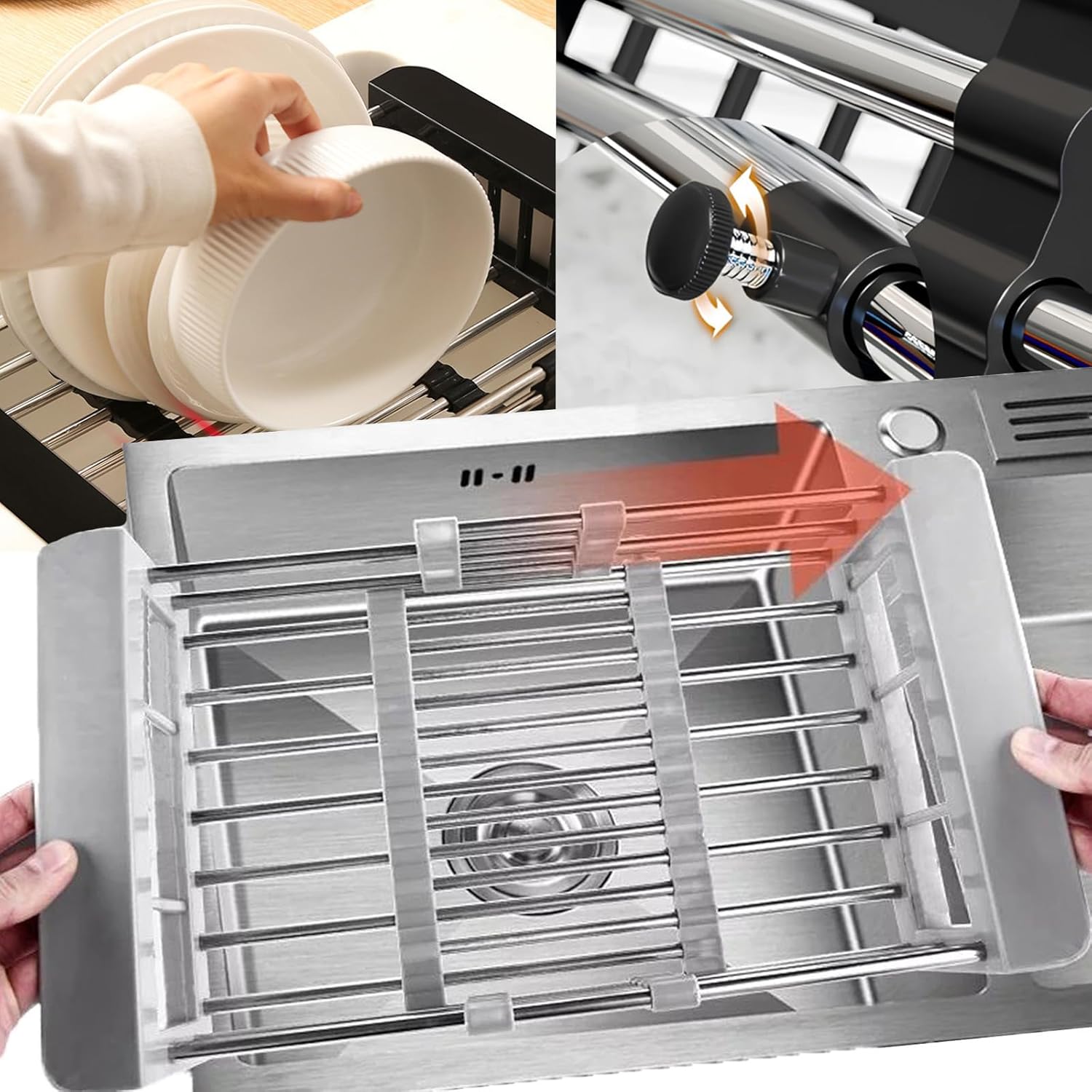 Égouttoir de cuisine pliable en acier inoxydable, grille d'égouttage, égouttoir à vaisselle, accessoire de cuisine, noir, 17 cm de large. - 4