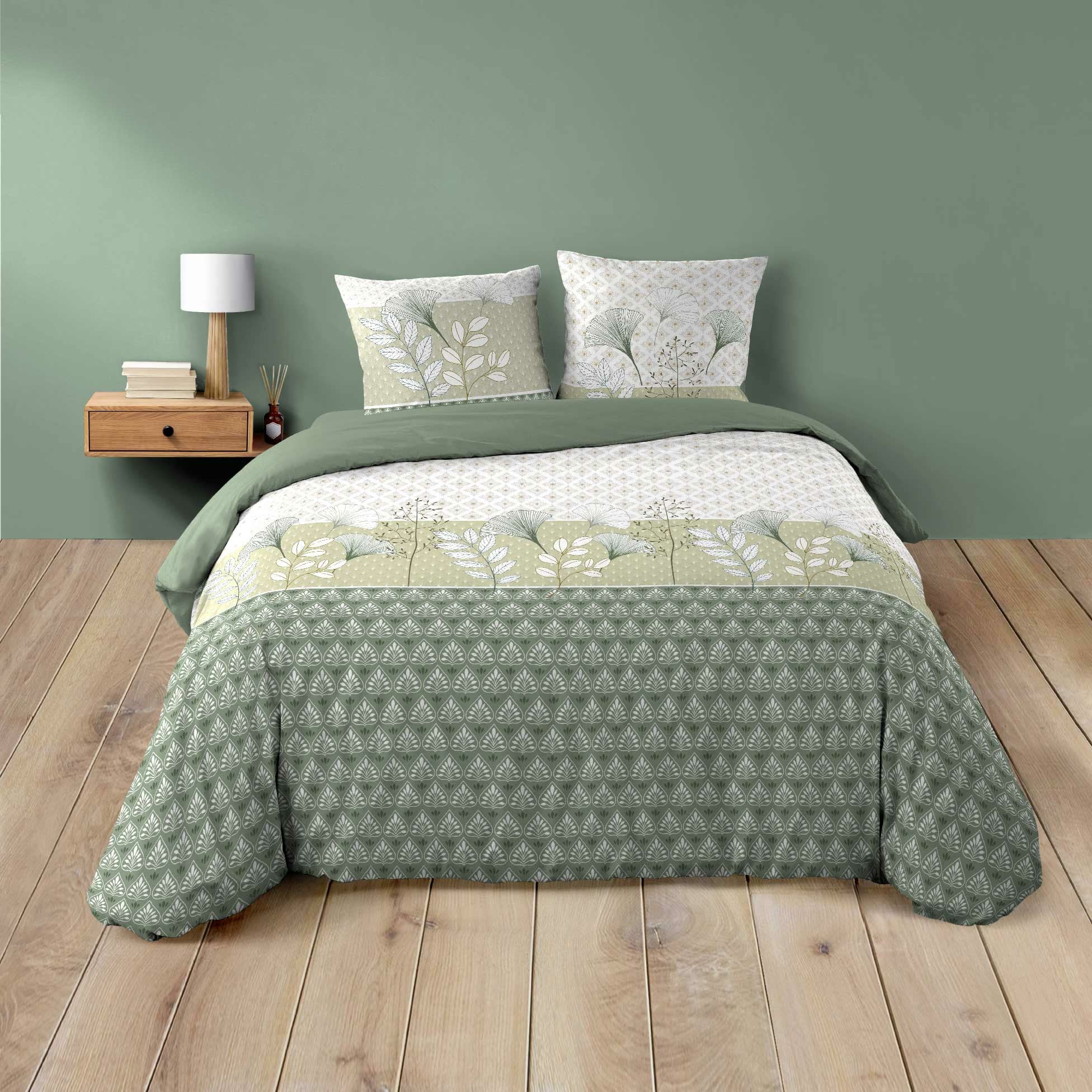 Housse de couette 240 x 220 cm + 2 taies – Coton 42 fils – Motif végétal vert sauge – Poetine - 2