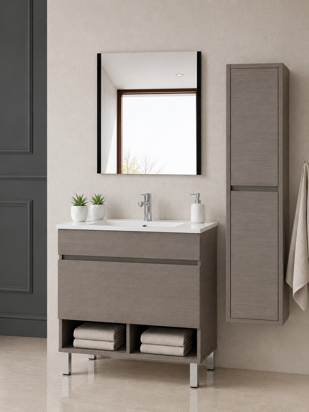 Mobilier de baie cu picioare cu lavoar ORIGENBATH NEBARI cu picioare și sertar cu coloană 60x35 cm stejar smoky cu coloană