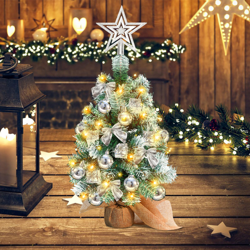 40 cm choinka stołowa, miniaturowe sztuczne choinki ze światłem, czubkiem i ozdobami choinkowymi, ozdoby świąteczne, srebro - 9