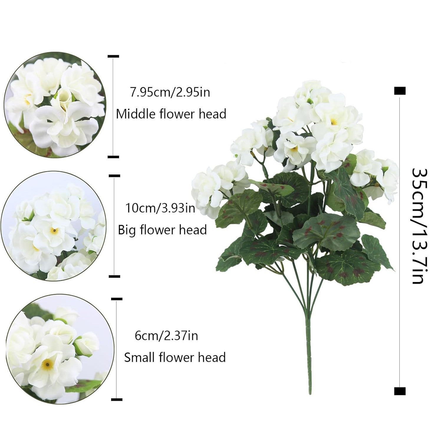 Paquete de 4 geranios de seda anti-UV, flores artificiales y plantas verdes para decoración de jardín y boda, blanco, 35 cm - 2