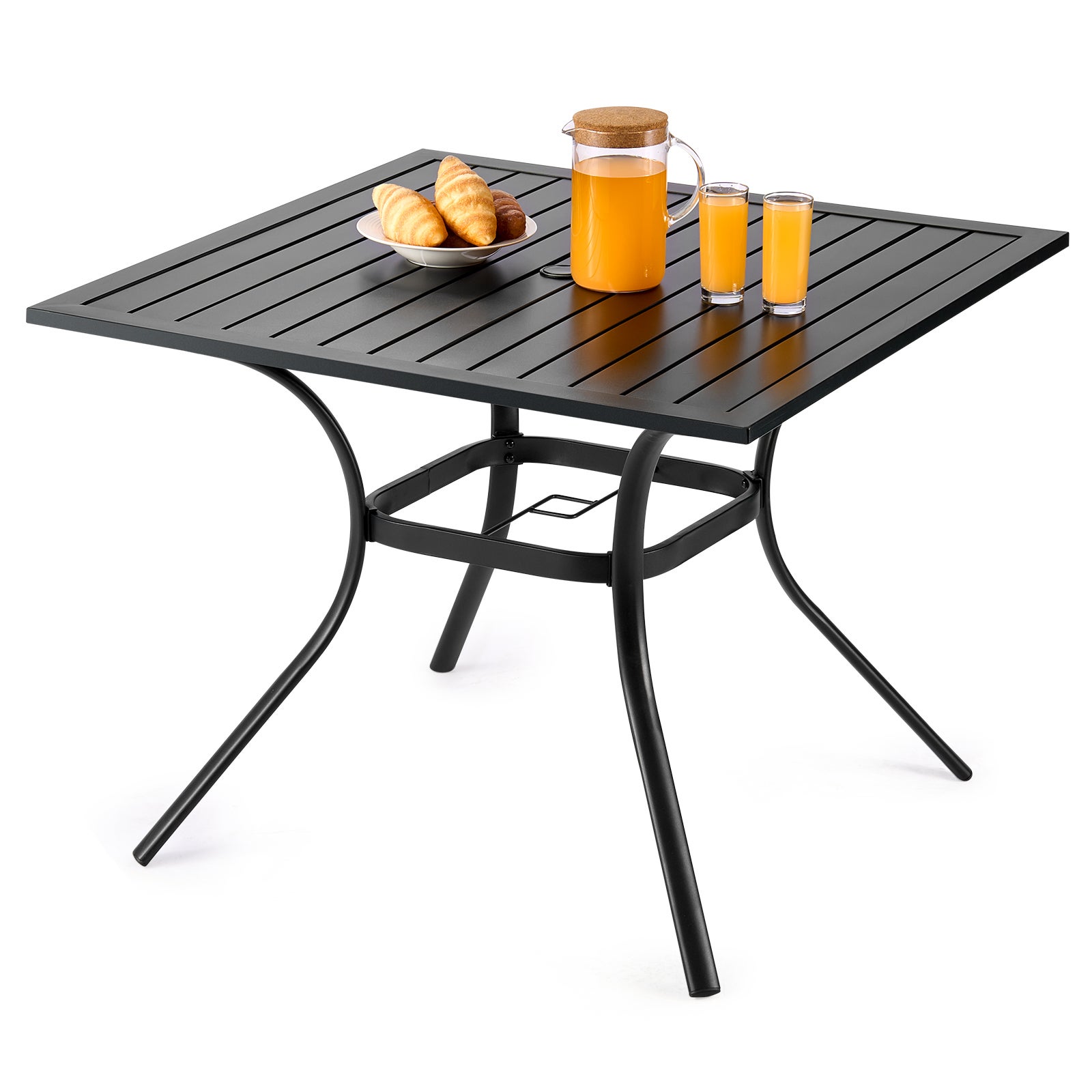 Kwadratowy stół ogrodowy VEVOR 94x94 cm czarny stal węglowa otwór na parasol 38 mm stół balkonowy tarasowy odporny na warunki